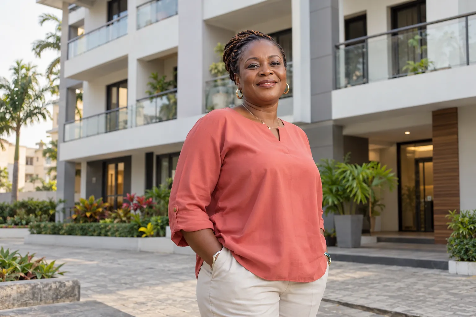 Une propriétaire souriante devant son immeuble